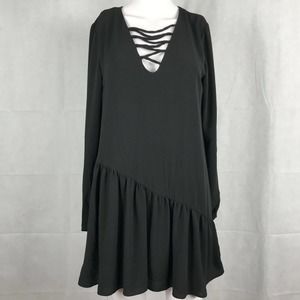 Caramela Tunic Dress Women M Black Criss Cross Long Sleeve Asymmetric Ruffle Top